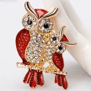 Beautiful Red Owl & baby Rhinestone Brooch Z144